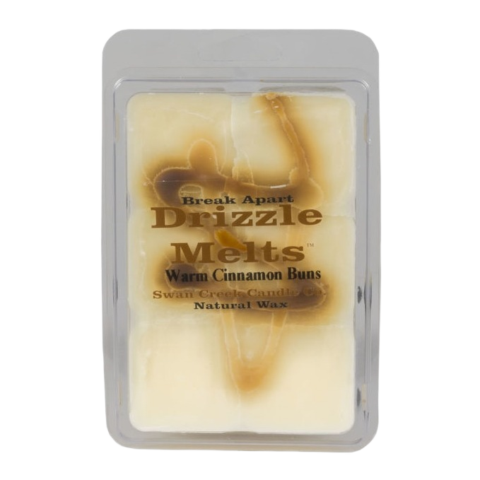 Pack of six warm cinnamon buns scented natural wax melts in clear clamshell packaging for home fragrance use
