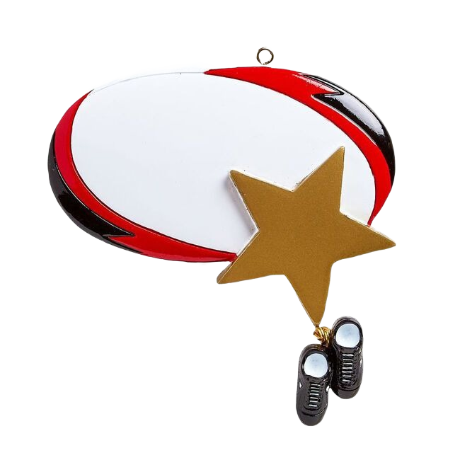 Personalized rugby ball ornament with gold star and dangling cleats for Christmas Ornaments & Tree Decorations under $50