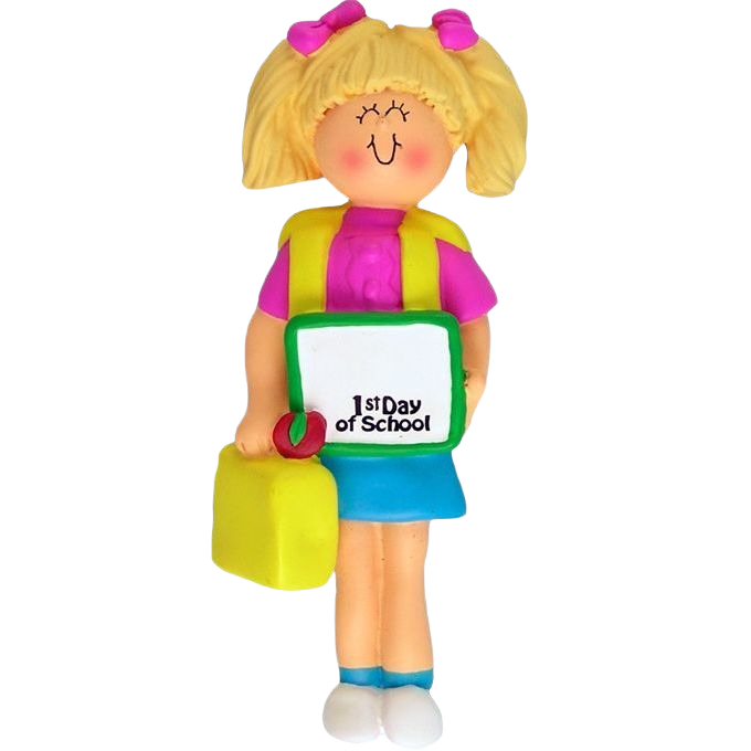 Blonde girl ornament holding backpack and 1st day of school sign from Christmas Ornaments & Tree Decorations collection