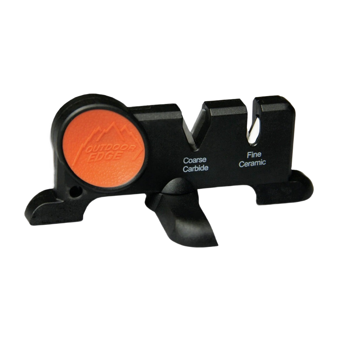 Compact black and orange 2-stage knife sharpener with carbide and ceramic slots for tools and home improvement tasks