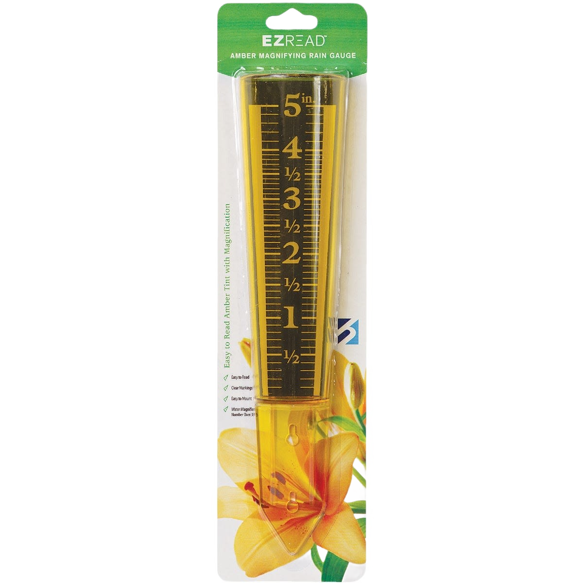 Amber plastic rain gauge with clear measurement markings for accurate rainfall tracking in outdoor living and garden settings