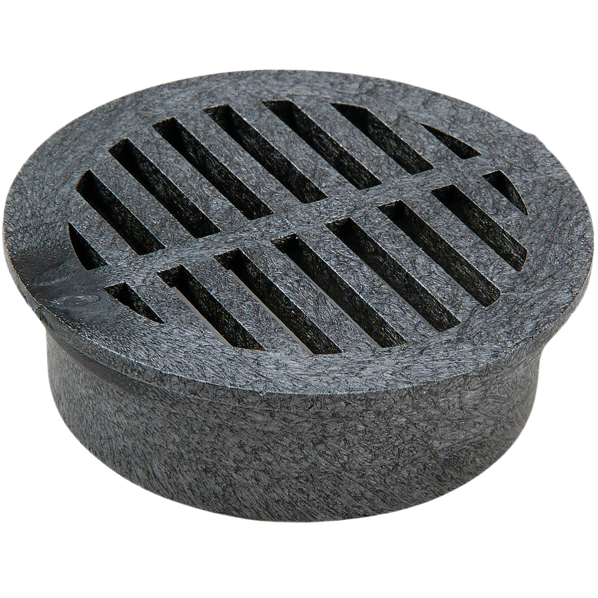 Round black PVC drain grate with slotted openings for plumbing parts and drain repair applications under $50