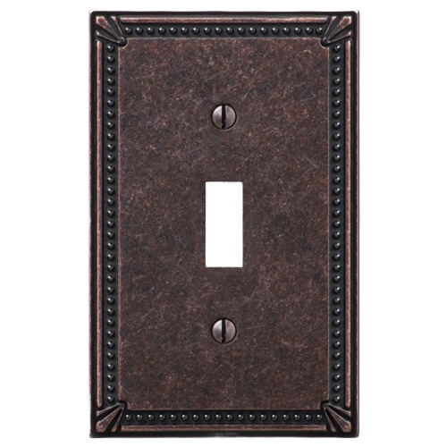 Tumbled antique bronze toggle wallplate with imperial bead border for electrical and toggle wall plates collections