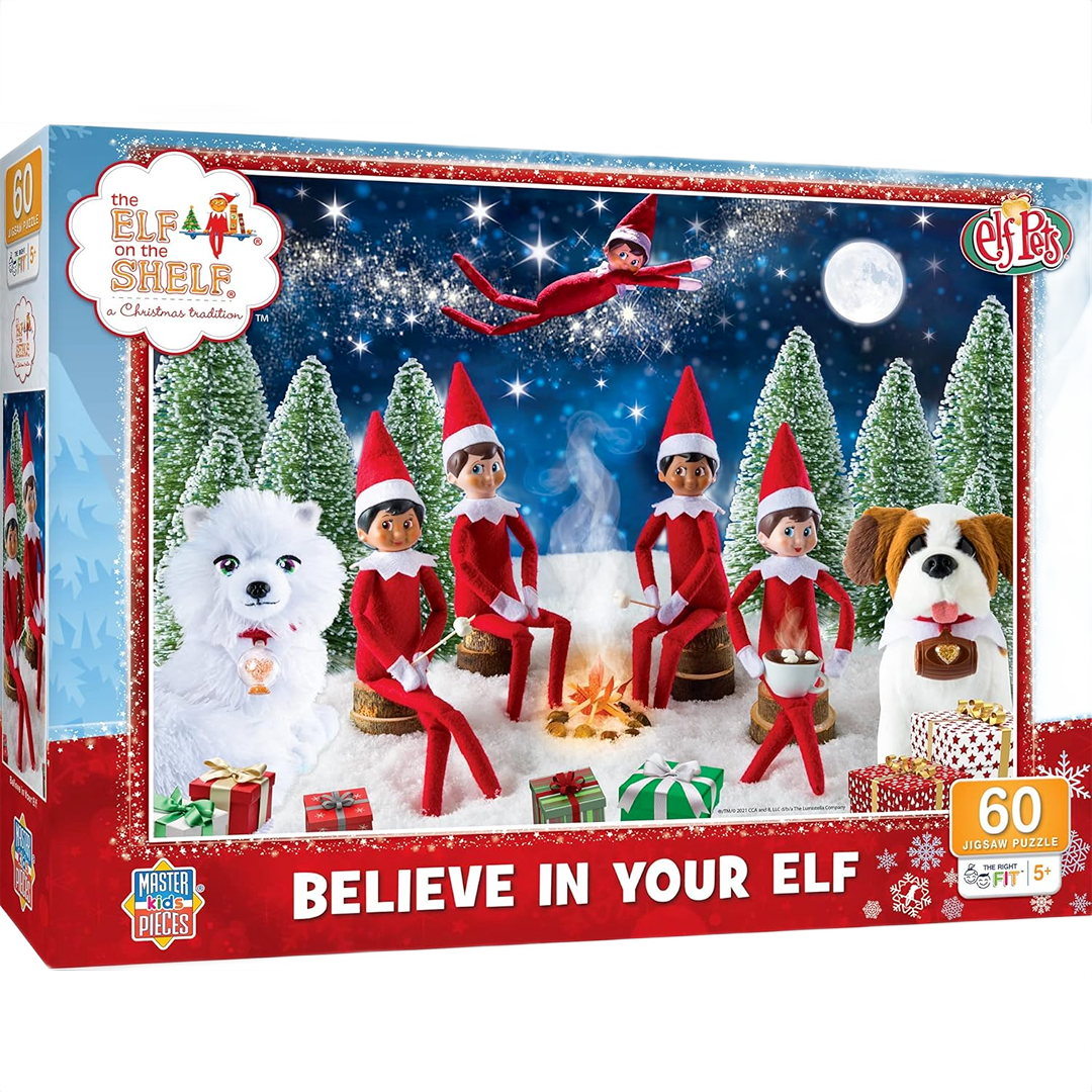 Christmas-themed puzzle showing Elf on the Shelf characters and festive gifts, in toys and games collection