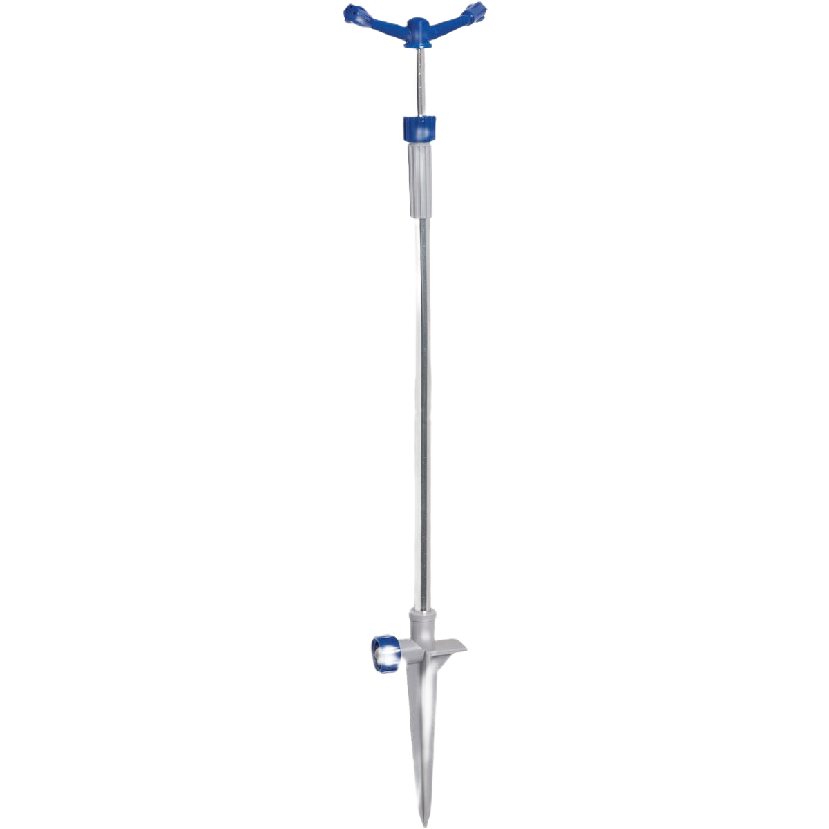 Two-arm aluminum rotary sprinkler with telescoping stake for adjustable garden watering up to 50 feet