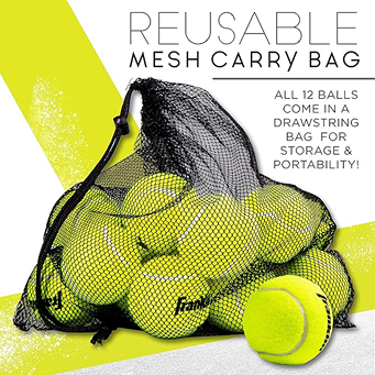 Set of twelve bright yellow tennis balls with Franklin logo inside black reusable mesh drawstring bag for easy transport