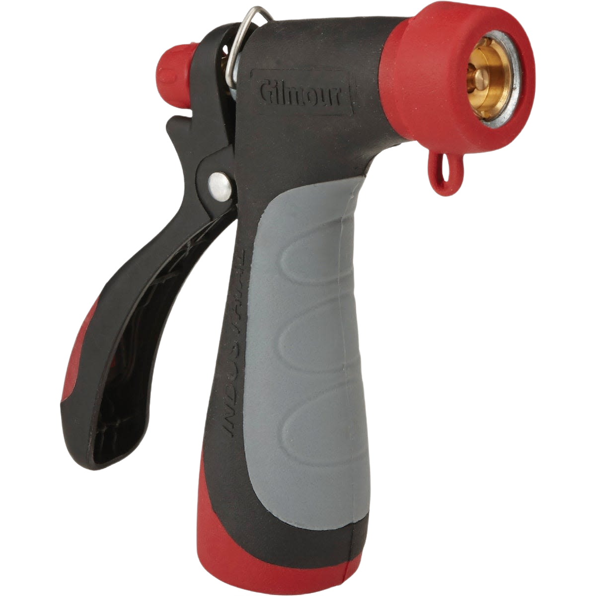 Red and black metal garden hose nozzle with ergonomic grip designed for hot water use in home improvement tasks