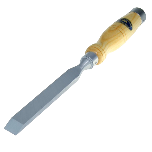 Wood-handled mortising chisel with polished steel blade designed for precise woodworking and home improvement tasks