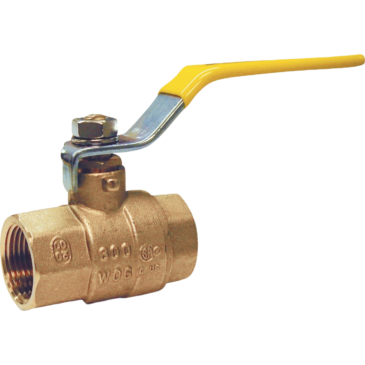 Full port brass ball valve with threaded fittings and yellow handle for home improvement plumbing tasks