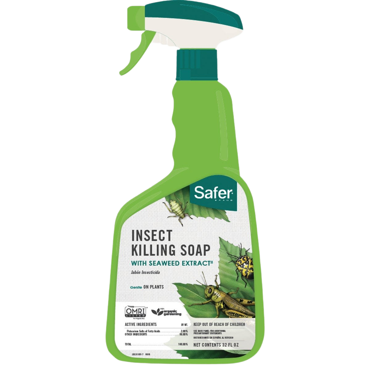 Green spray bottle of insect killing soap with seaweed extract for safe use on plants in home improvement tasks