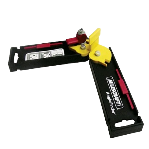 Black and yellow angle measuring tool with red adjustment knob for precise woodworking and home improvement projects.