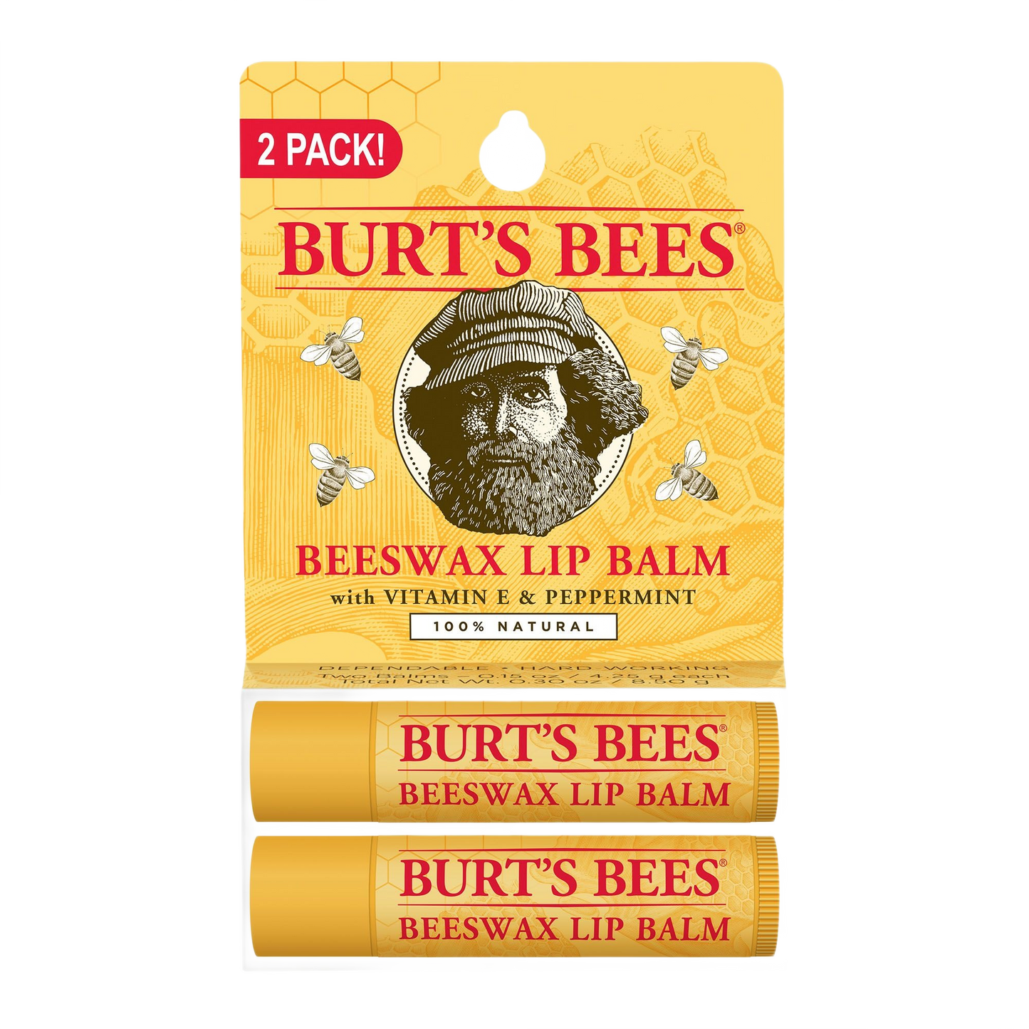 Two yellow tubes of beeswax lip balm with peppermint and vitamin E in branded packaging for personal care use