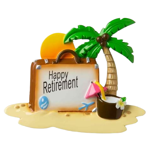 Colorful retirement ornament featuring a suitcase, palm tree, tropical drink, and sunset for holiday decorations under $50 collection