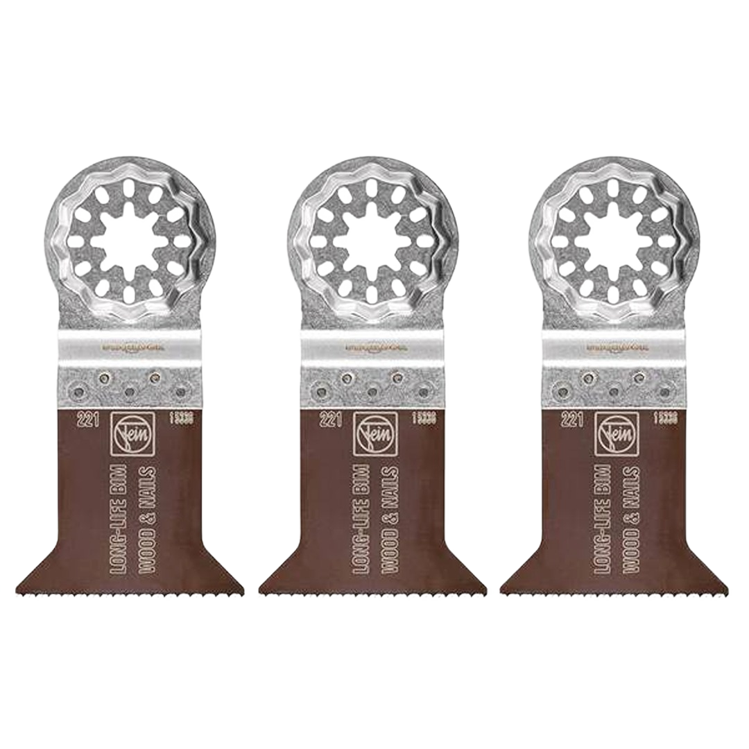 Set of three Fein long-life 2-inch bi-metal saw blades for wood, drywall, and plastic cutting in tool accessories.