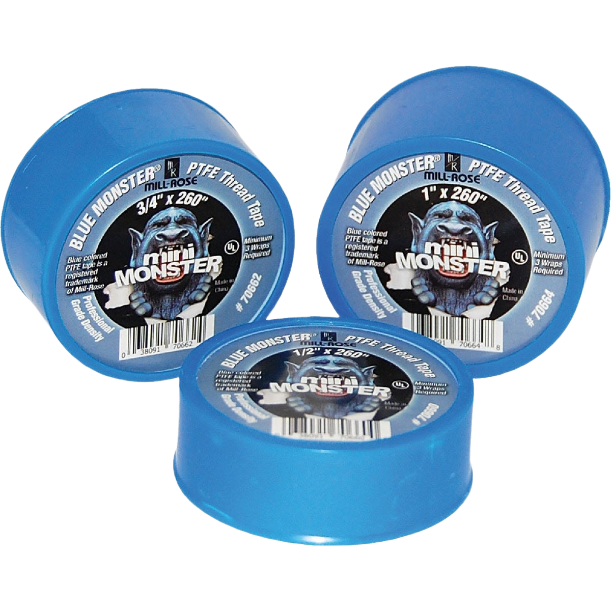 Blue Monster PTFE thread seal tape rolls in blue containers for plumbing and home improvement projects under $50 collections