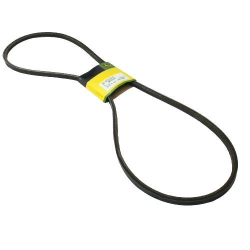 Power train flat belt with yellow and green John Deere label for automotive and tractor parts accessories collection