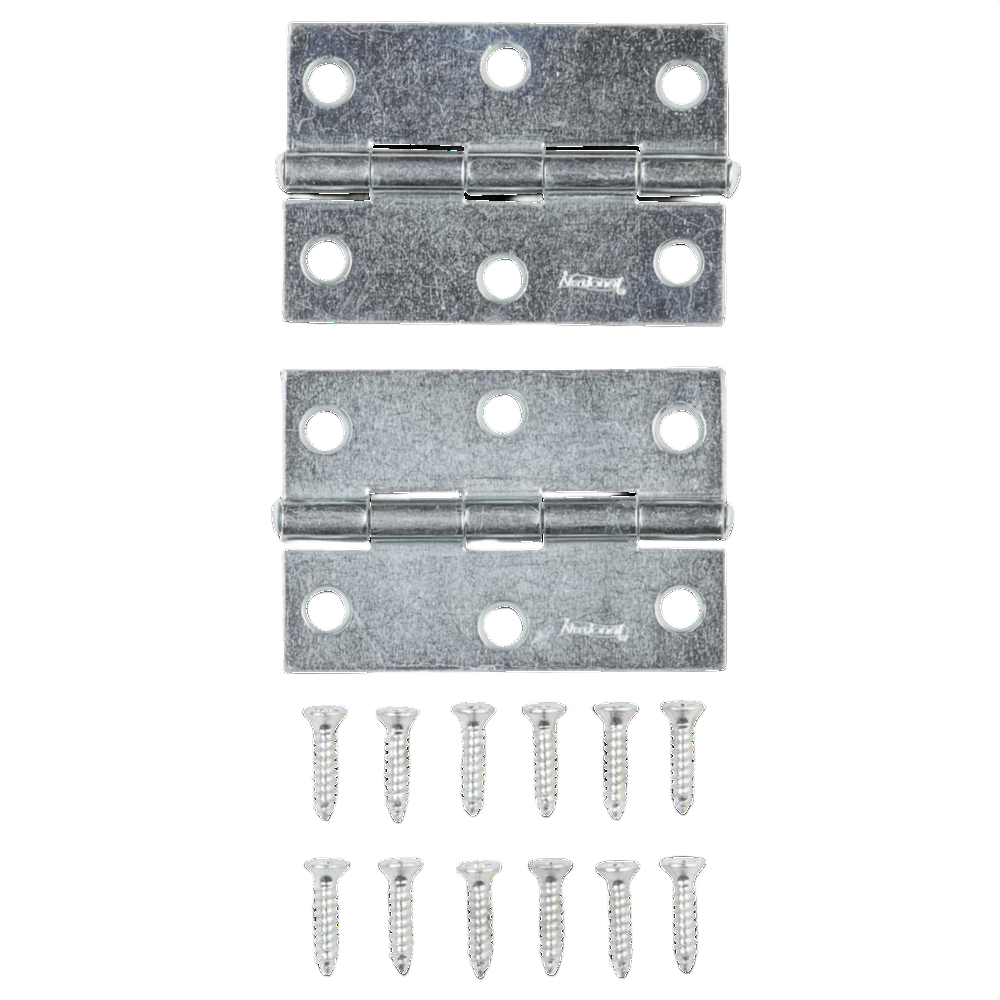 Two zinc-finished narrow tight-pin hinges with mounting screws for door and hardware home improvement projects