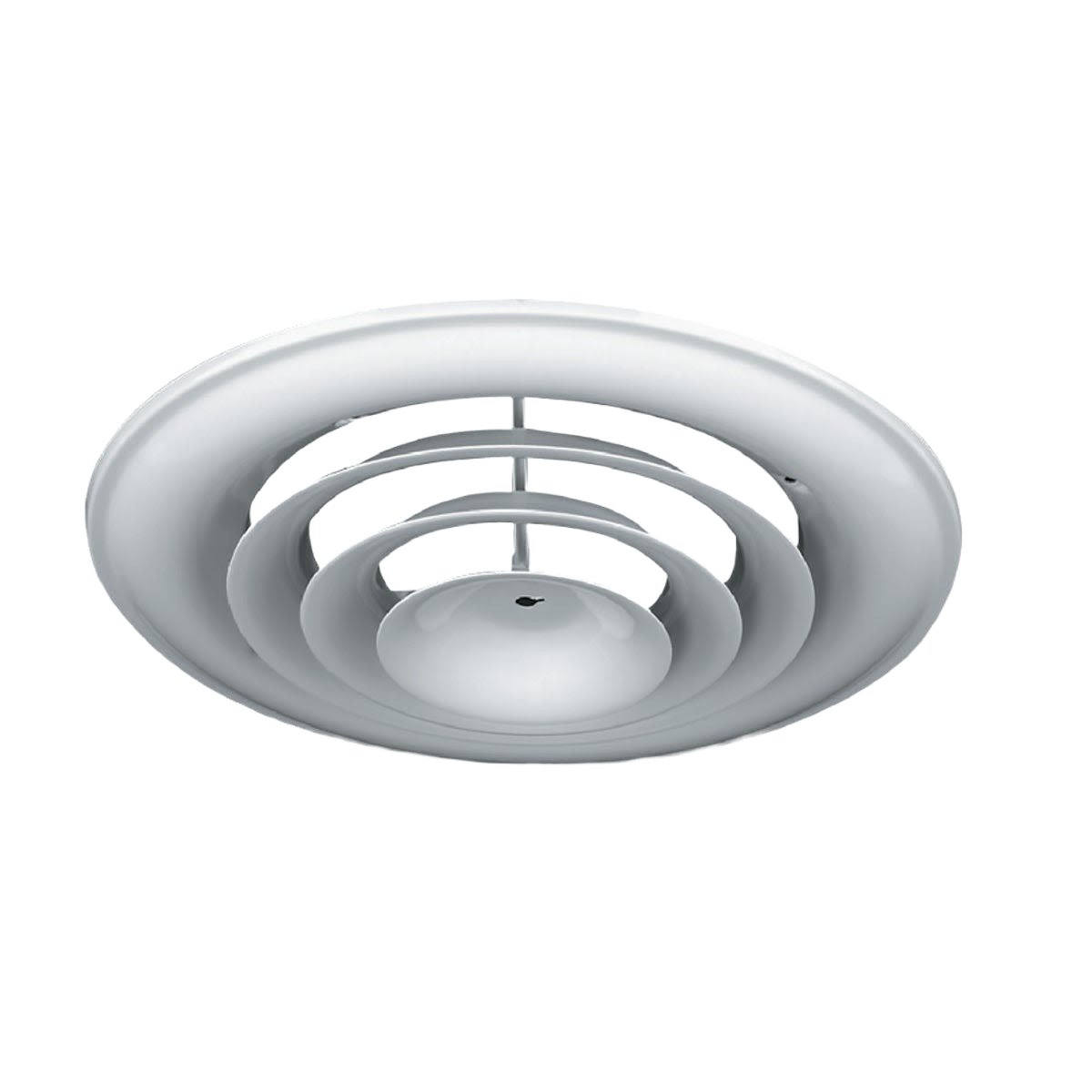 White round ceiling diffuser with layered rings for efficient air distribution, suitable for plumbing and home improvement collections