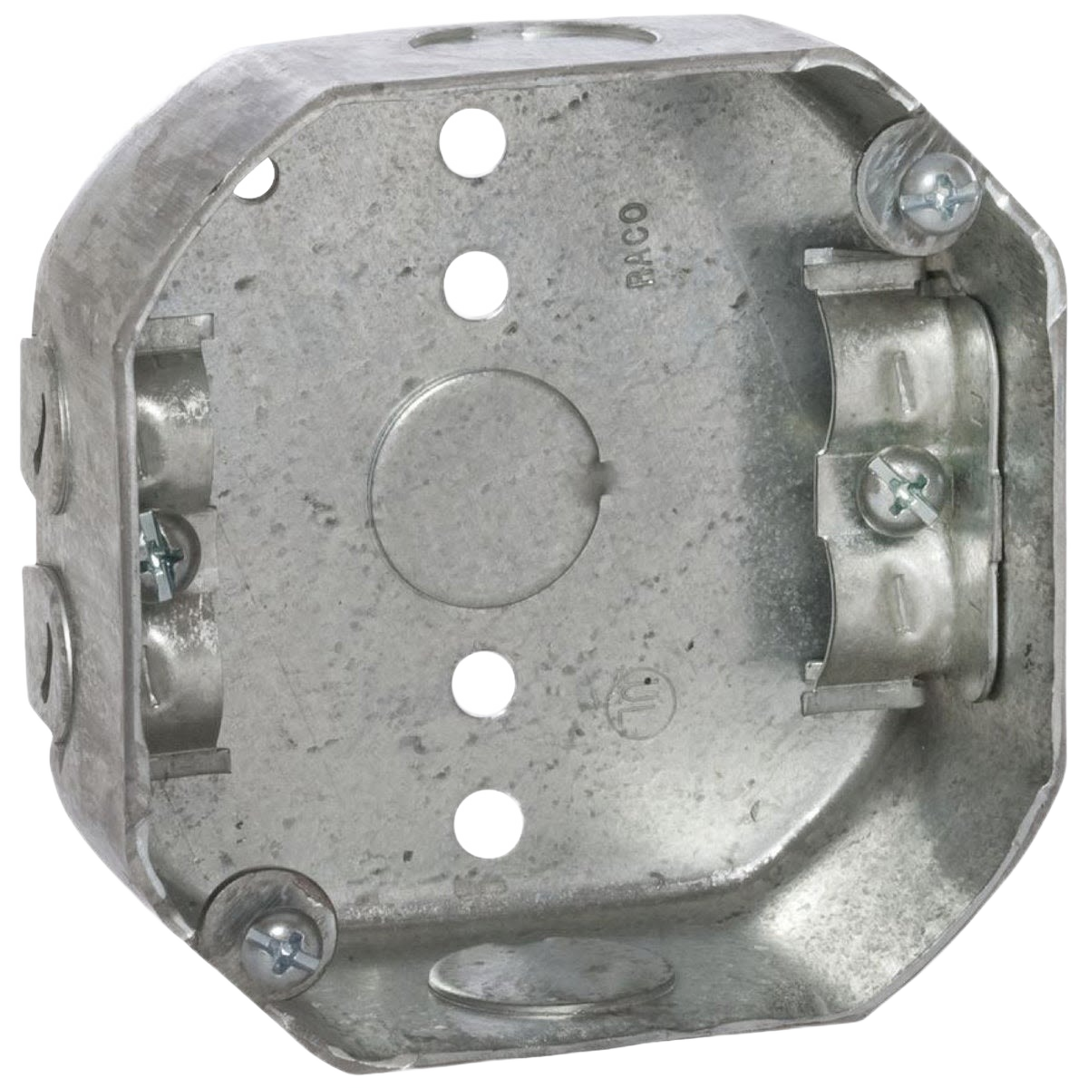 Galvanized steel octagon electrical box with multiple knockout holes for old work wiring installation tasks