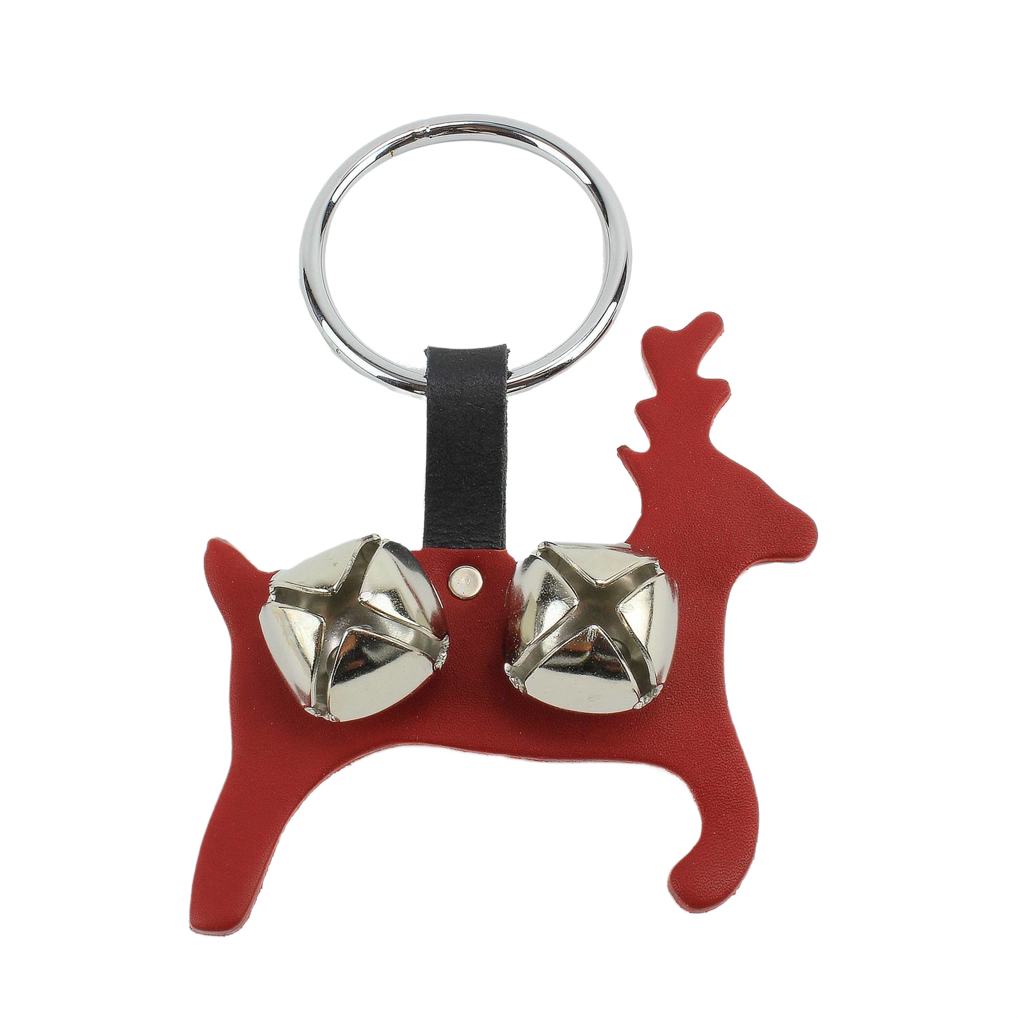 Red leather reindeer-shaped bell hanger with silver jingle bells for indoor Christmas decorations under $25 collection