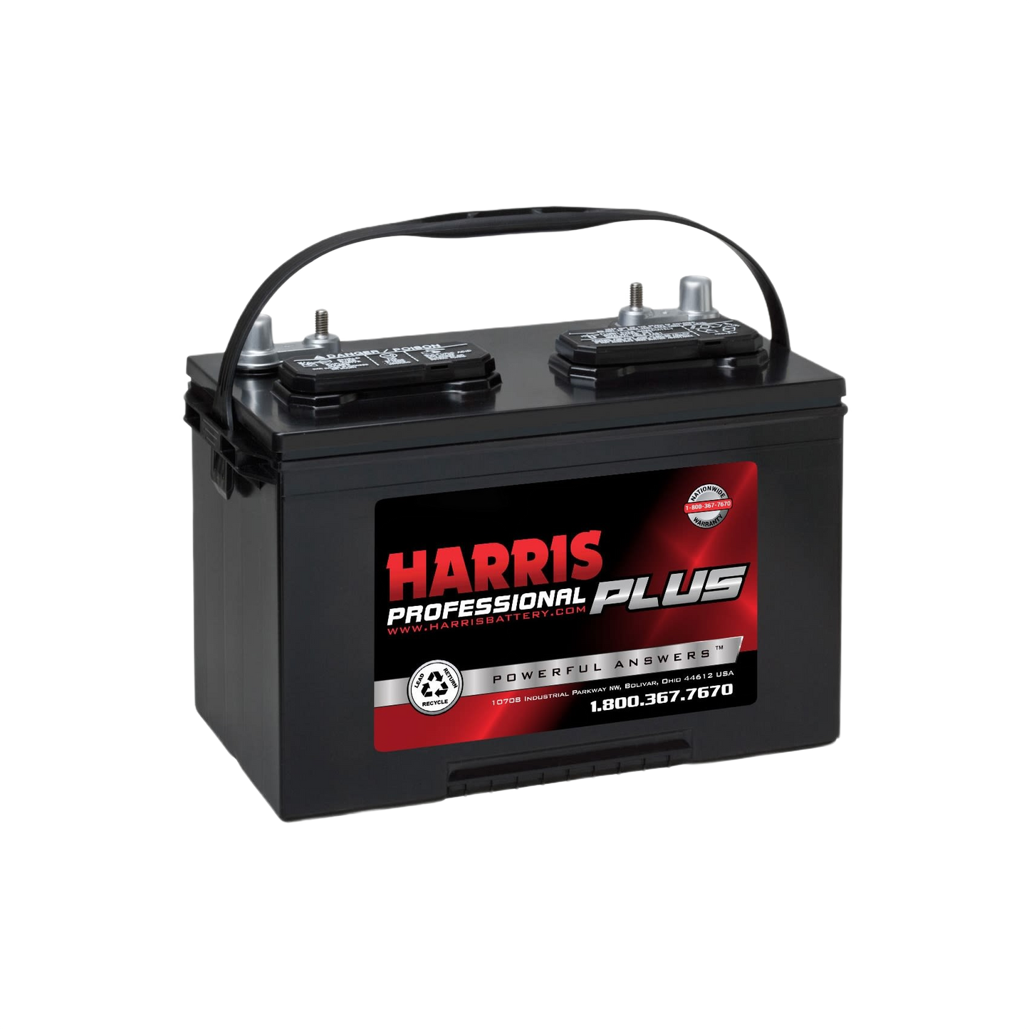 Black marine deep cycle battery with carry handle and red Harris Professional Plus label for automotive use