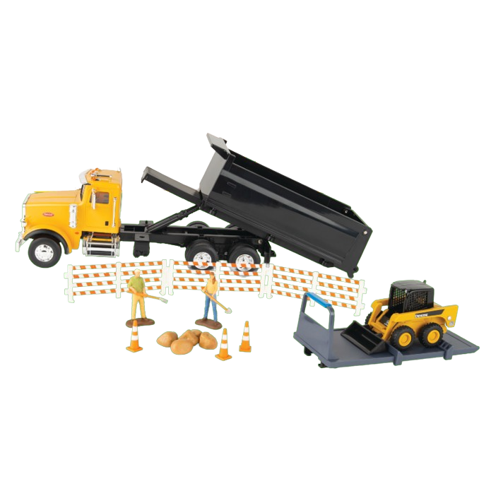Miniature yellow dump truck with black bed dumping gravel behind plastic construction barriers and small loader model