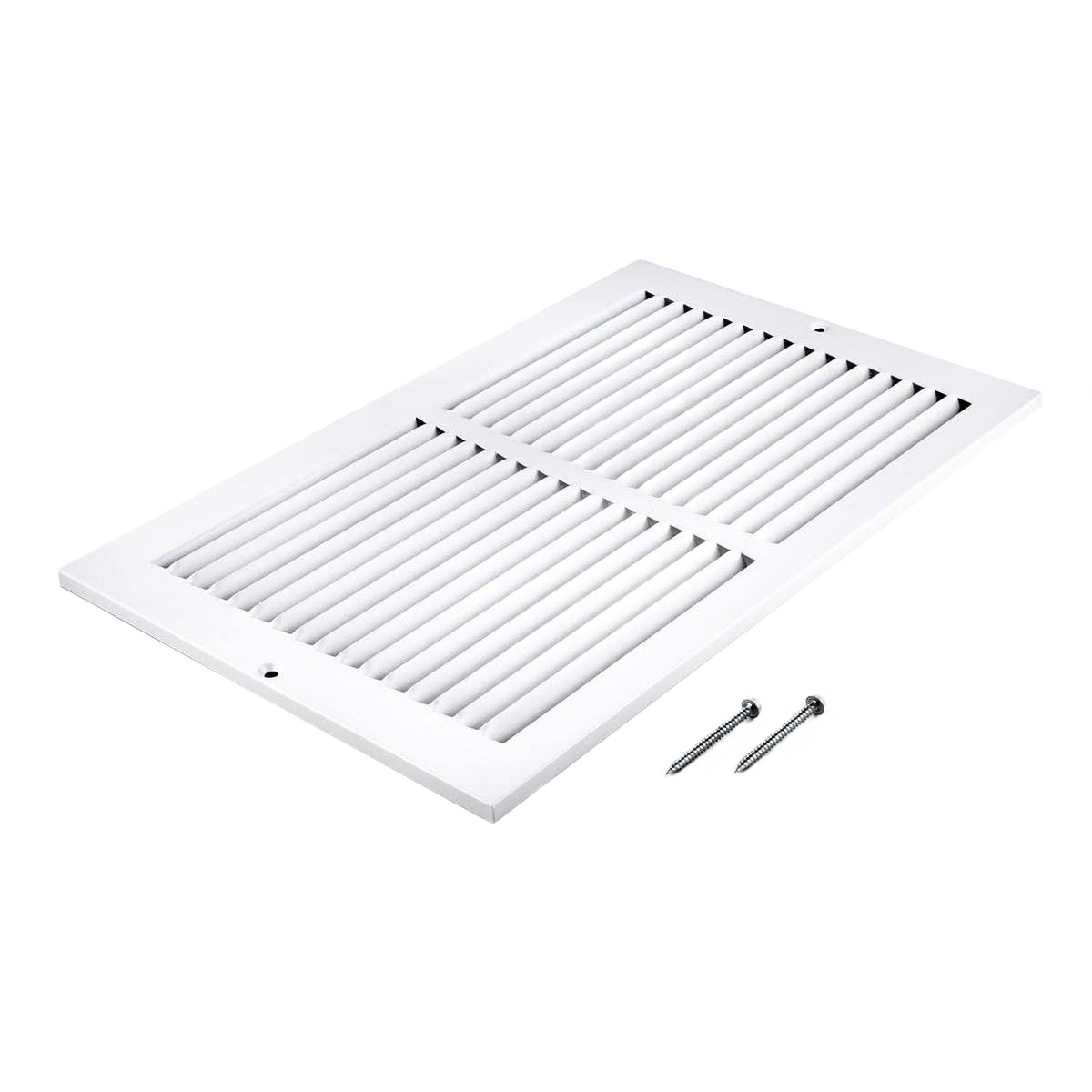White metal return air grille with horizontal slats and mounting screws for plumbing and home improvement under $50 collections