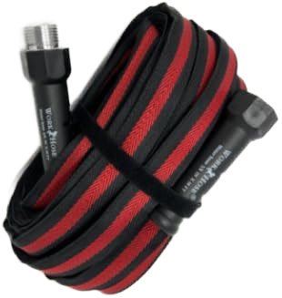 Coiled red and black work hose with deluxe grip handles, suitable for watering and irrigation in lawn and garden tasks