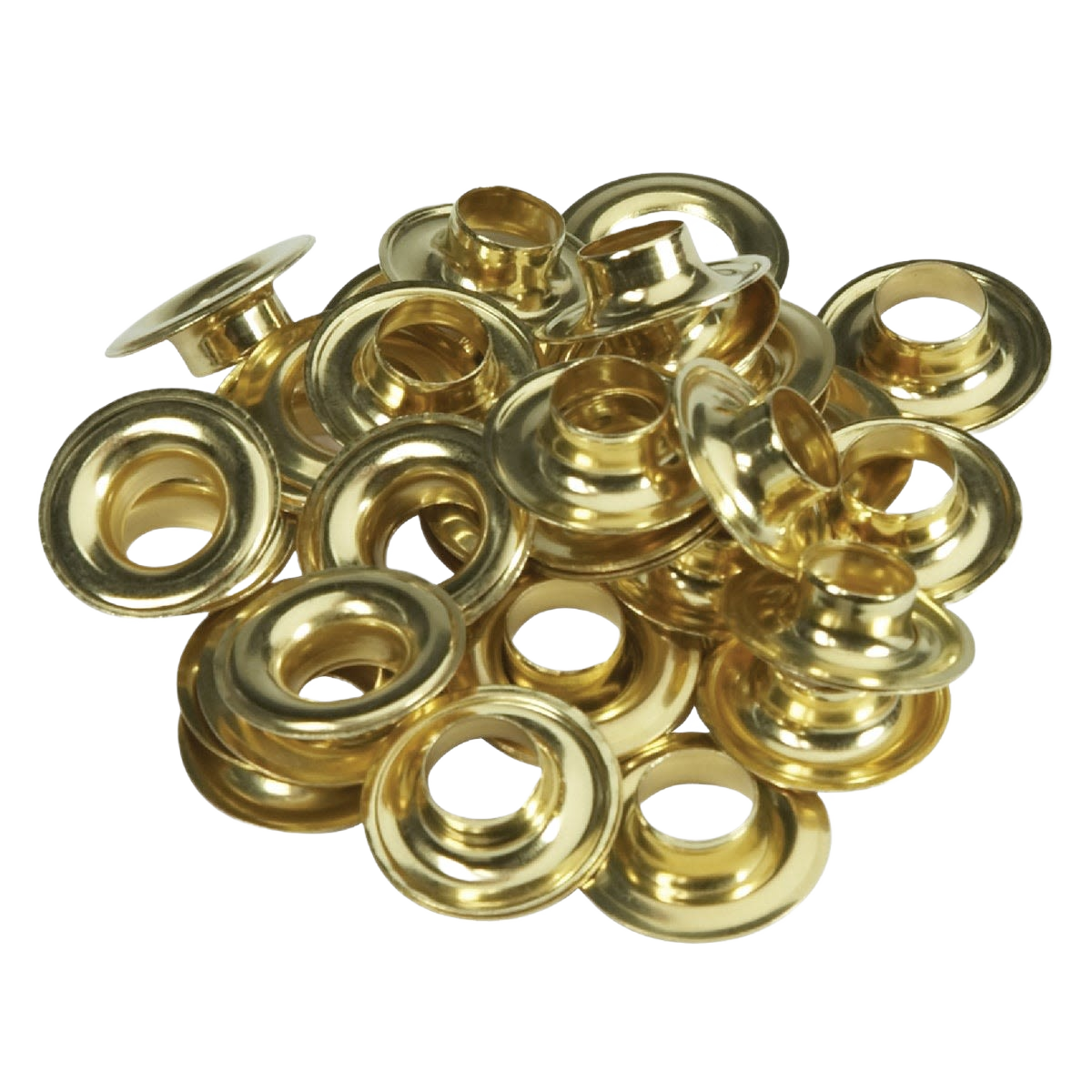 Shiny brass grommet refills in a small pile, ideal for home improvement and craft projects.