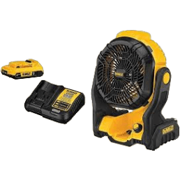Compact cordless jobsite fan in yellow and black with rechargeable battery and charger for tools and home improvement use