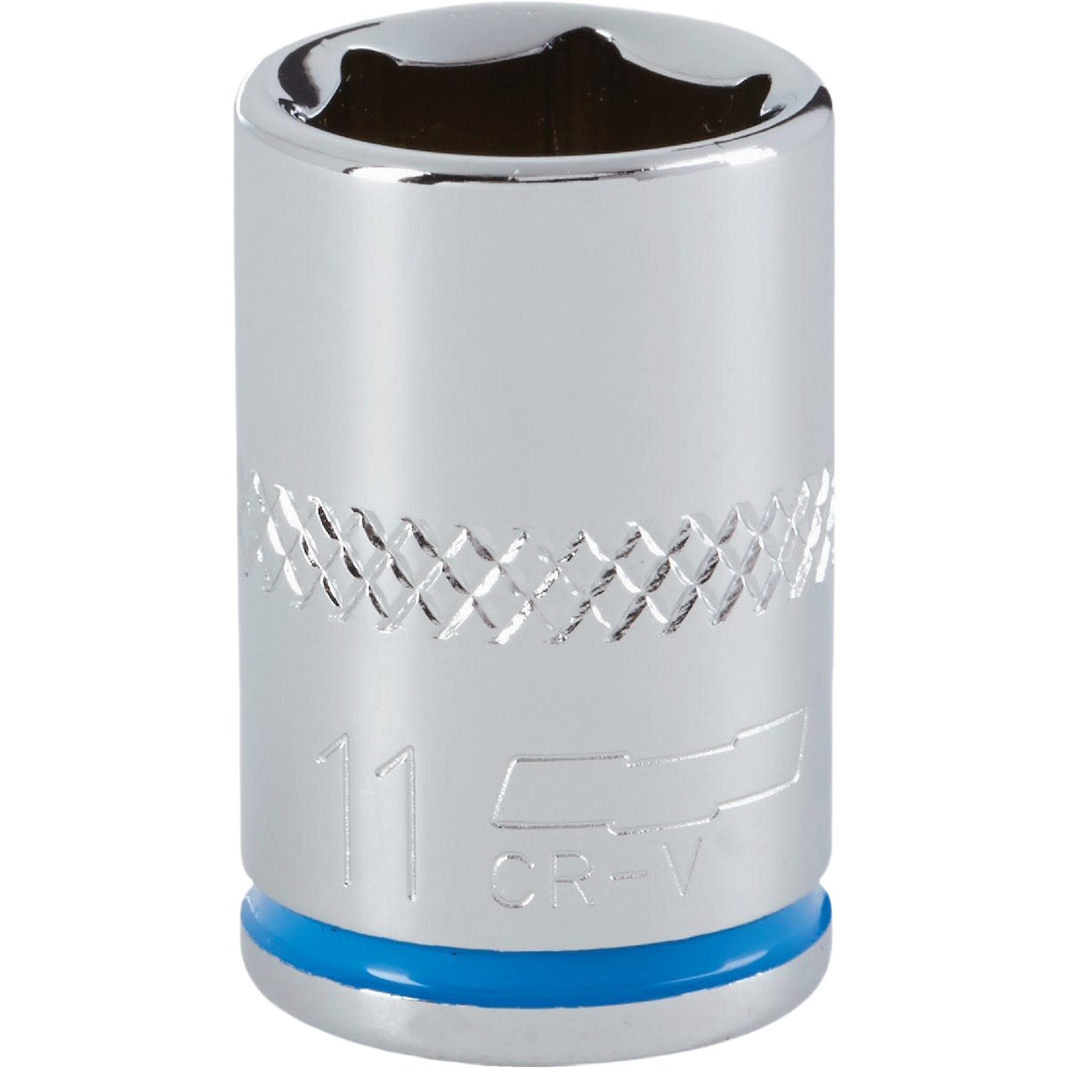 Chrome-finished 11mm shallow 6-point socket with textured grip band for hand tools and home improvement use