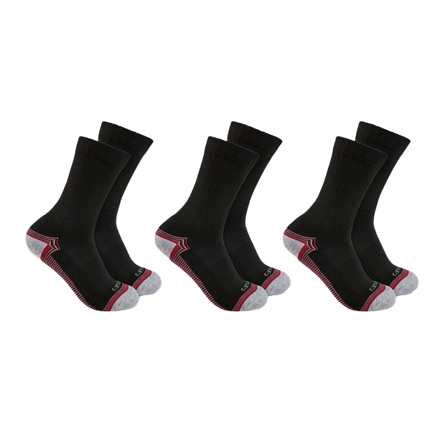 Three pairs of black midweight crew socks with gray and red toe and heel accents in women's clothing collection