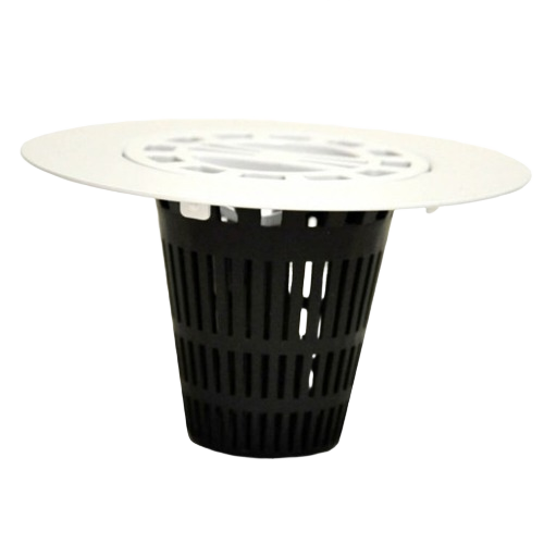 White drain cover with black basket hair catcher designed for shower drain protection and easy cleaning