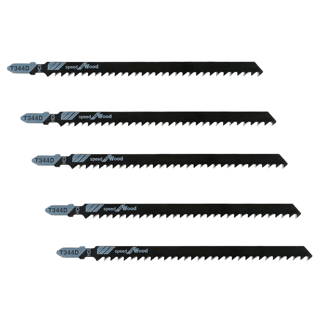 Set of five black T-shank jigsaw blades with 6 TPI and speed wood markings for tools and home improvement tasks