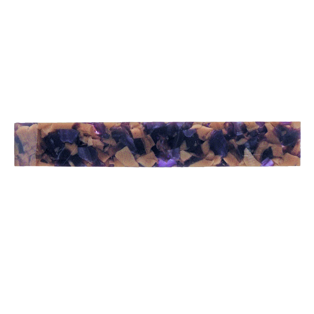 Acrylic pen blank with transparent purple flecks and warm caramel shades for woodworking tools and accessories.