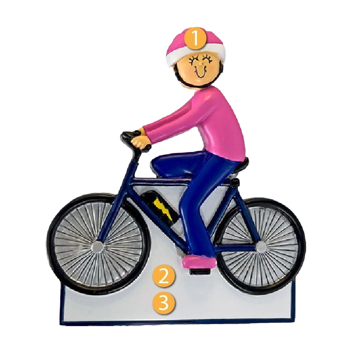 Personalized female figure on electric bike ornament in colorful holiday decor for Christmas tree decorations under 50 dollars