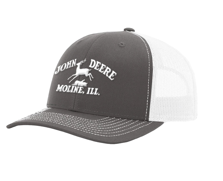Gray front panel hat with white mesh back and embroidered John Deere logo for outdoor and casual wear