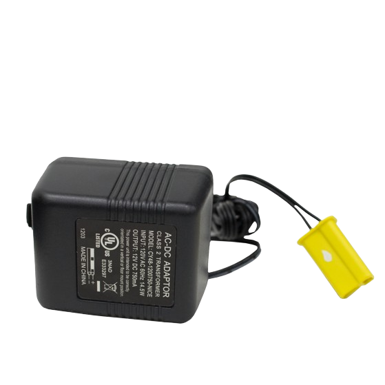 Compact black AC-DC adapter charger with attached cord and yellow connector for tools and home improvement use