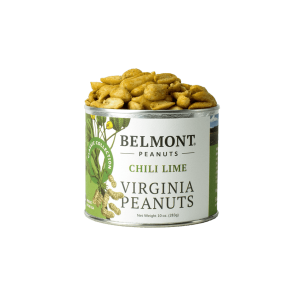 Open can of chili lime seasoned Virginia peanuts with visible seasoning on the nuts
