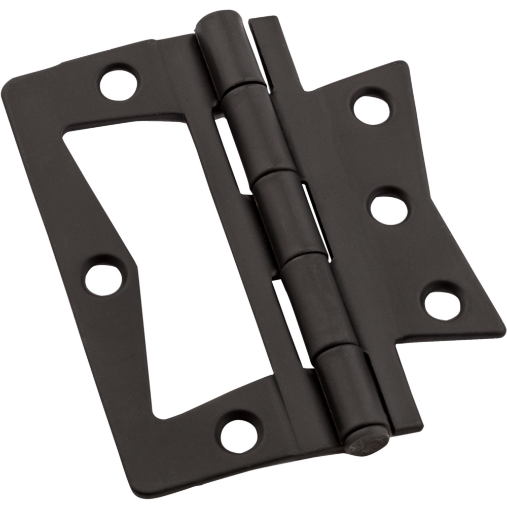 Oil rubbed bronze surface-mounted door hinge with multiple mounting holes for cabinets and small doors in hardware collection