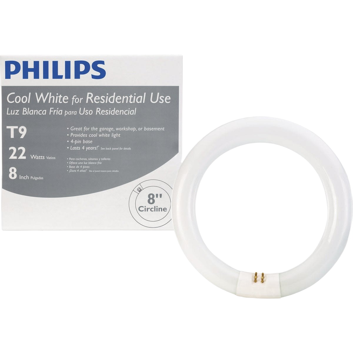 White circular fluorescent tube light bulb with 4-pin base and packaging for lighting and electrical collections