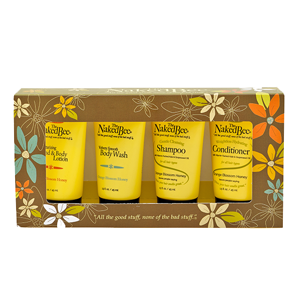 Set of four travel-sized yellow tubes with honey floral packaging in Health & Beauty under $50 collection