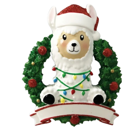 Whimsical white llama wearing a Santa hat inside a green wreath decorated with colorful lights under $50