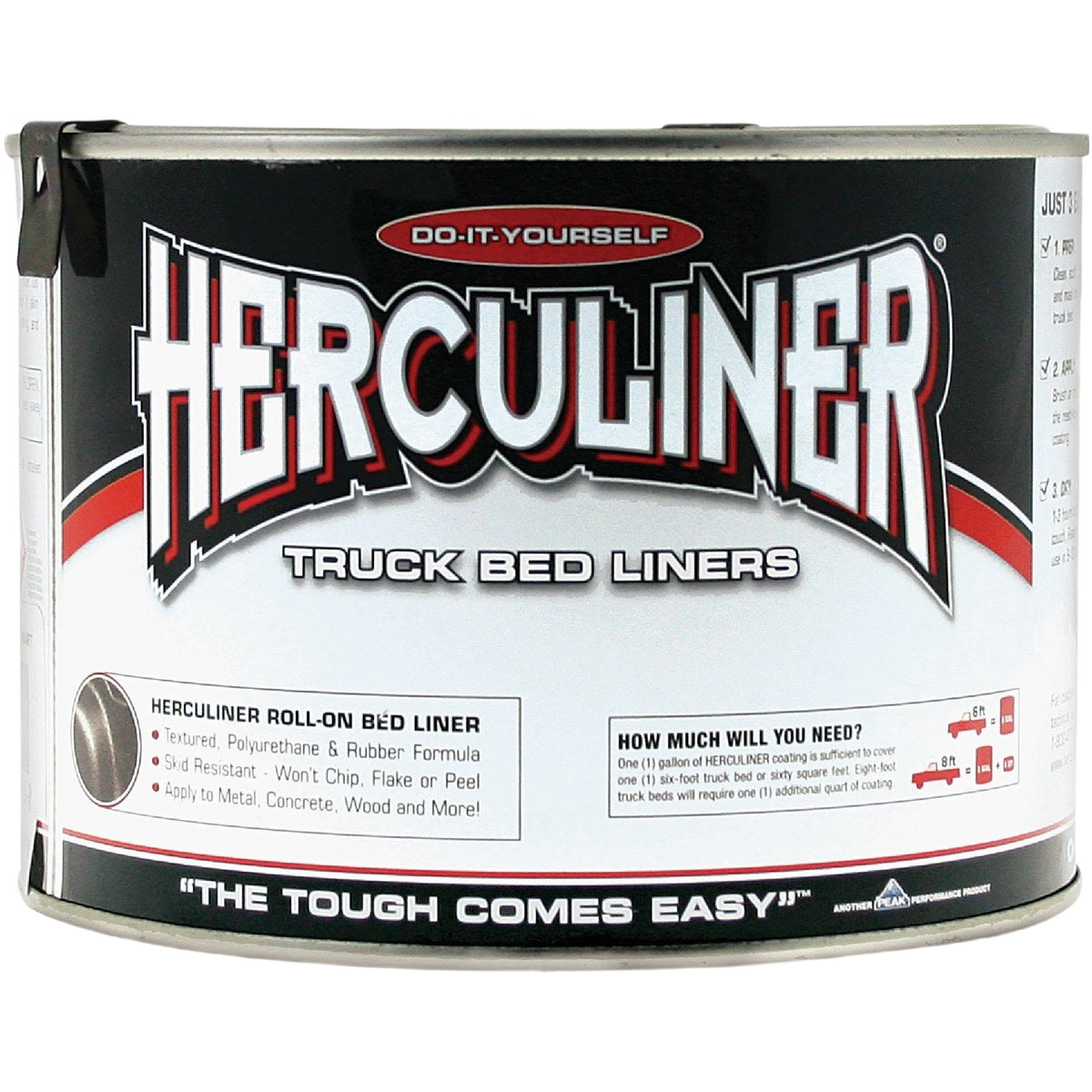Can of textured roll-on truck bed liner coating with polyurethane and rubber formula for home improvement projects