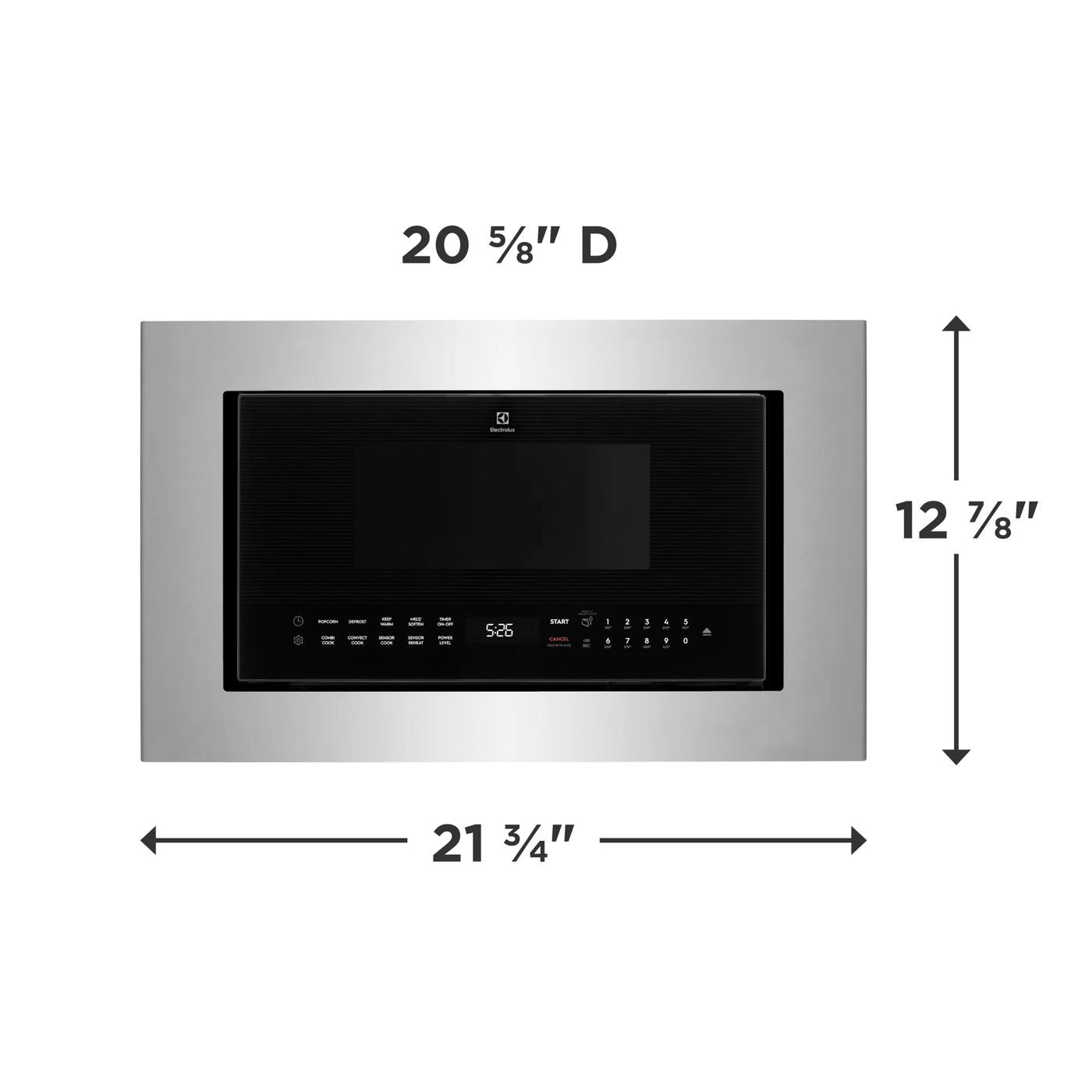 Built-in stainless steel side swing microwave with digital display and glass touch controls for kitchen appliances.