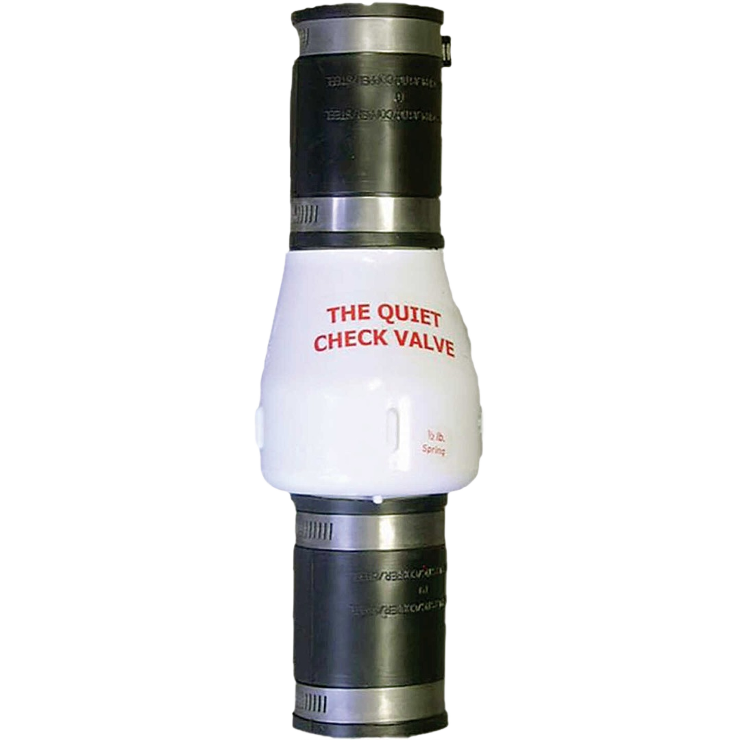 White PVC spring-loaded plumbing valve with black rubber fittings for quiet water flow control in home improvement projects