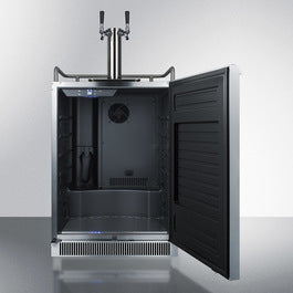 Built-in dual tap beer dispenser with stainless steel finish and open door showing interior in appliances collection