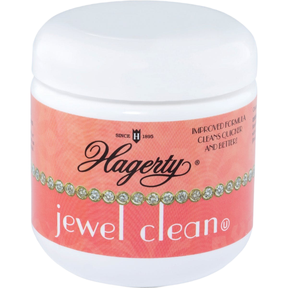 White jar of Hagerty jewel cleaning solution with pink label and decorative gem design for cleaning supplies collection
