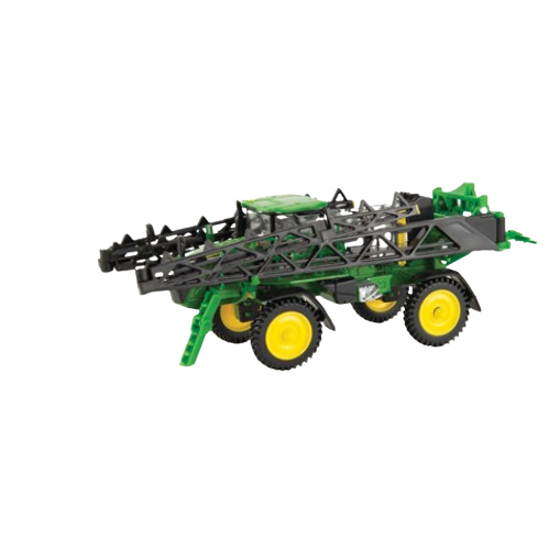 Green and yellow 1:64 scale toy sprayer model with detailed booms and rugged tires for farm play display