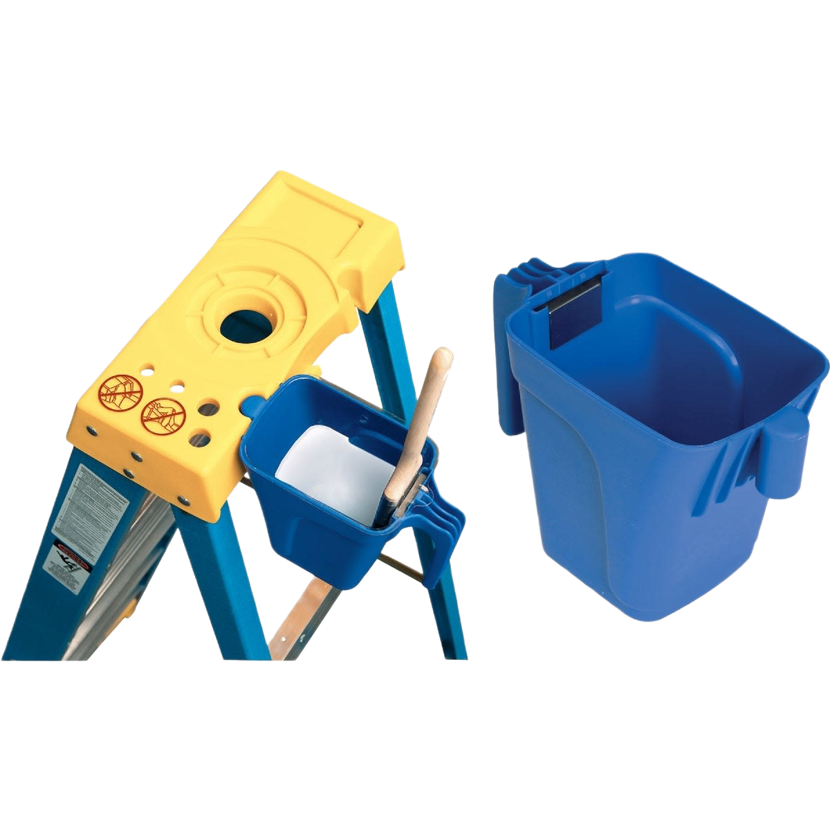 Blue Lock-In Paint Cup with magnet brush holder mounted on yellow and blue ladder top for home improvement tools under $50